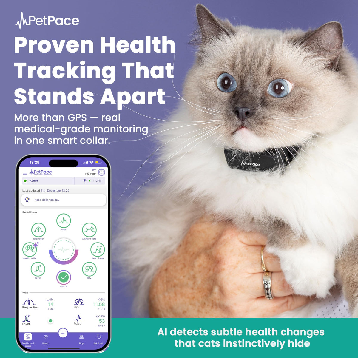 New PetPace V3.0 Cat Health Monitor by PetPace – AI Health Collar with 24/7 Vital Signs Alerts, GPS, Telehealth Consults, AskaVet & Share with Your Vet & SmartWatch Sync – Subscription Required