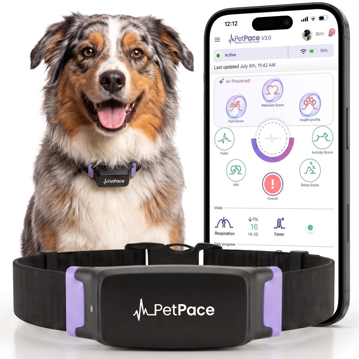 PetPace V3.0 Dog Health Monitor – AI Health Collar with 24/7 Vital Signs Tracks Pain GPS, Telehealth AskaVet & Share with Your Vet & Apple Watch Sync – Subscription Required