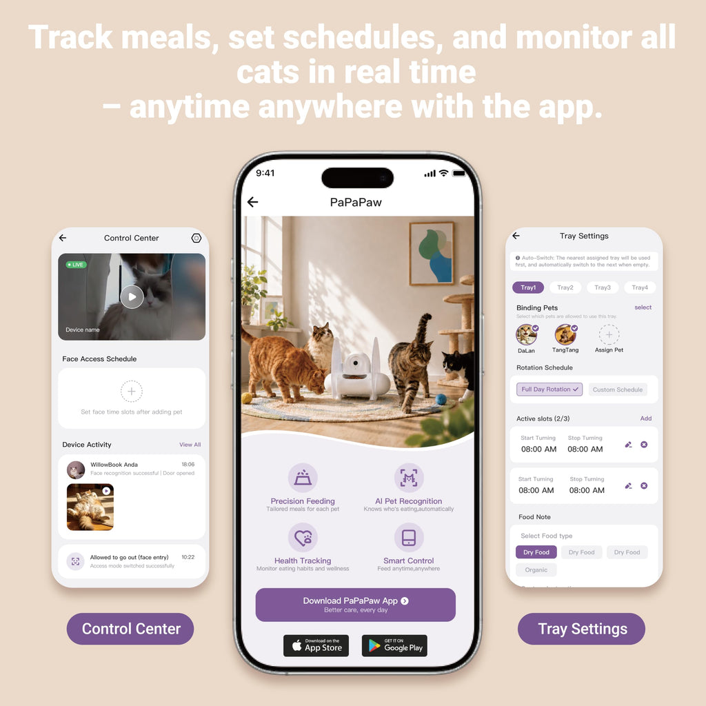 Papapaw AI Facial Recognition Cat Feeder for 10 Cats, Built-in Ice Pack Keeps Wet Food Fresh 12Hrs, Multi-Cat Feeder with WiFi App, Night Vision, Timed Portions, Stainless Steel Bowls, Dry & Wet Food