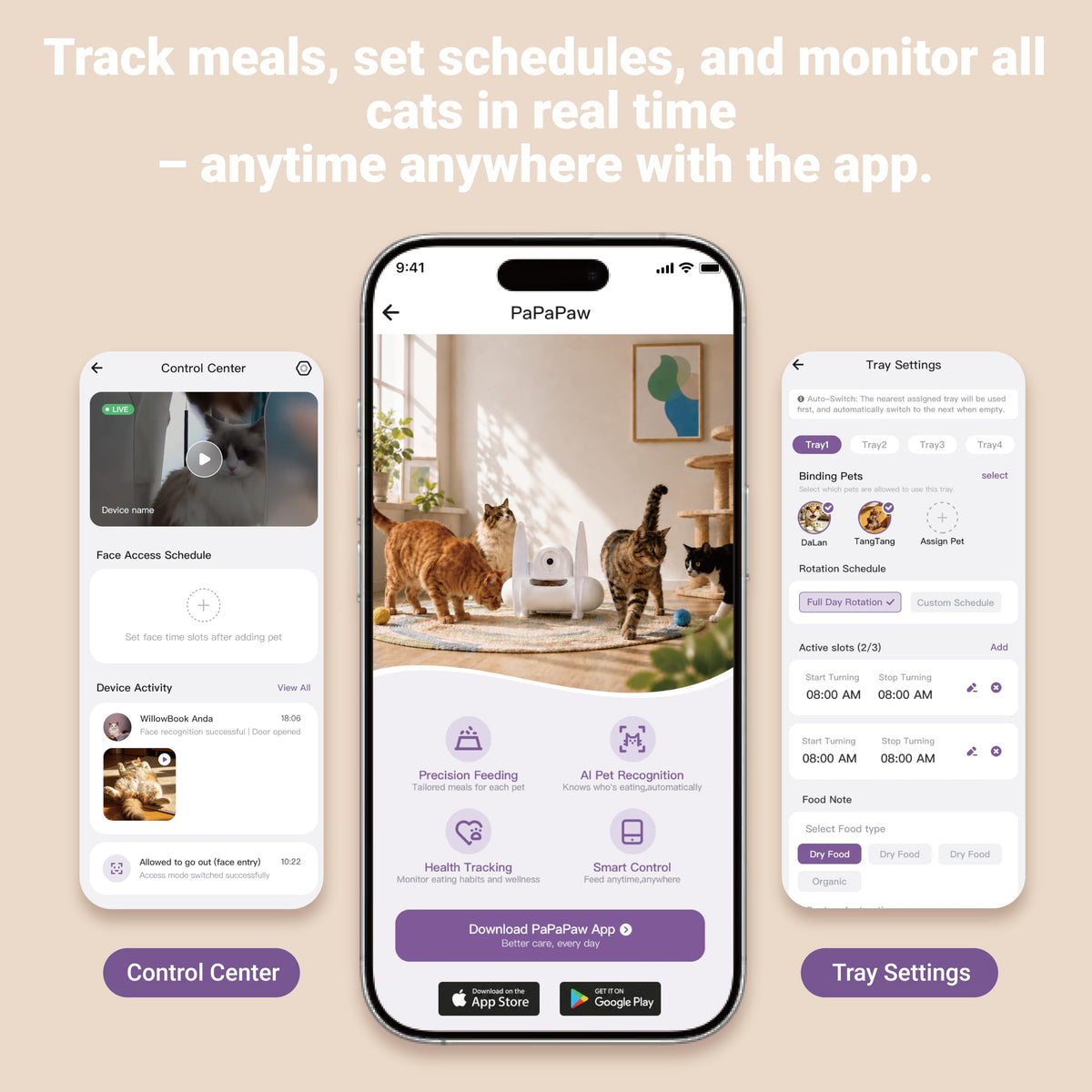 Papapaw AI Facial Recognition Cat Feeder for 10 Cats, Built-in Ice Pack Keeps Wet Food Fresh 12Hrs, Multi-Cat Feeder with WiFi App, Night Vision, Timed Portions, Stainless Steel Bowls, Dry & Wet Food